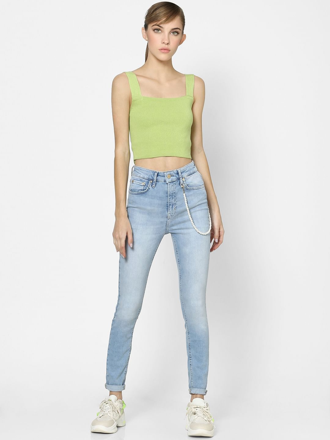 Blue High Rise Pearl Chain Detail Skinny Jeans