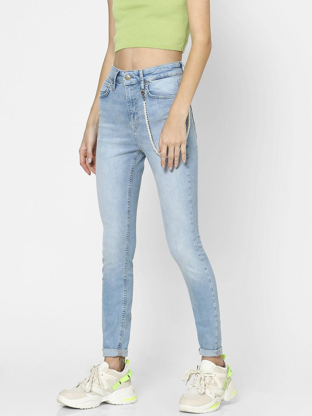 Blue High Rise Pearl Chain Detail Skinny Jeans