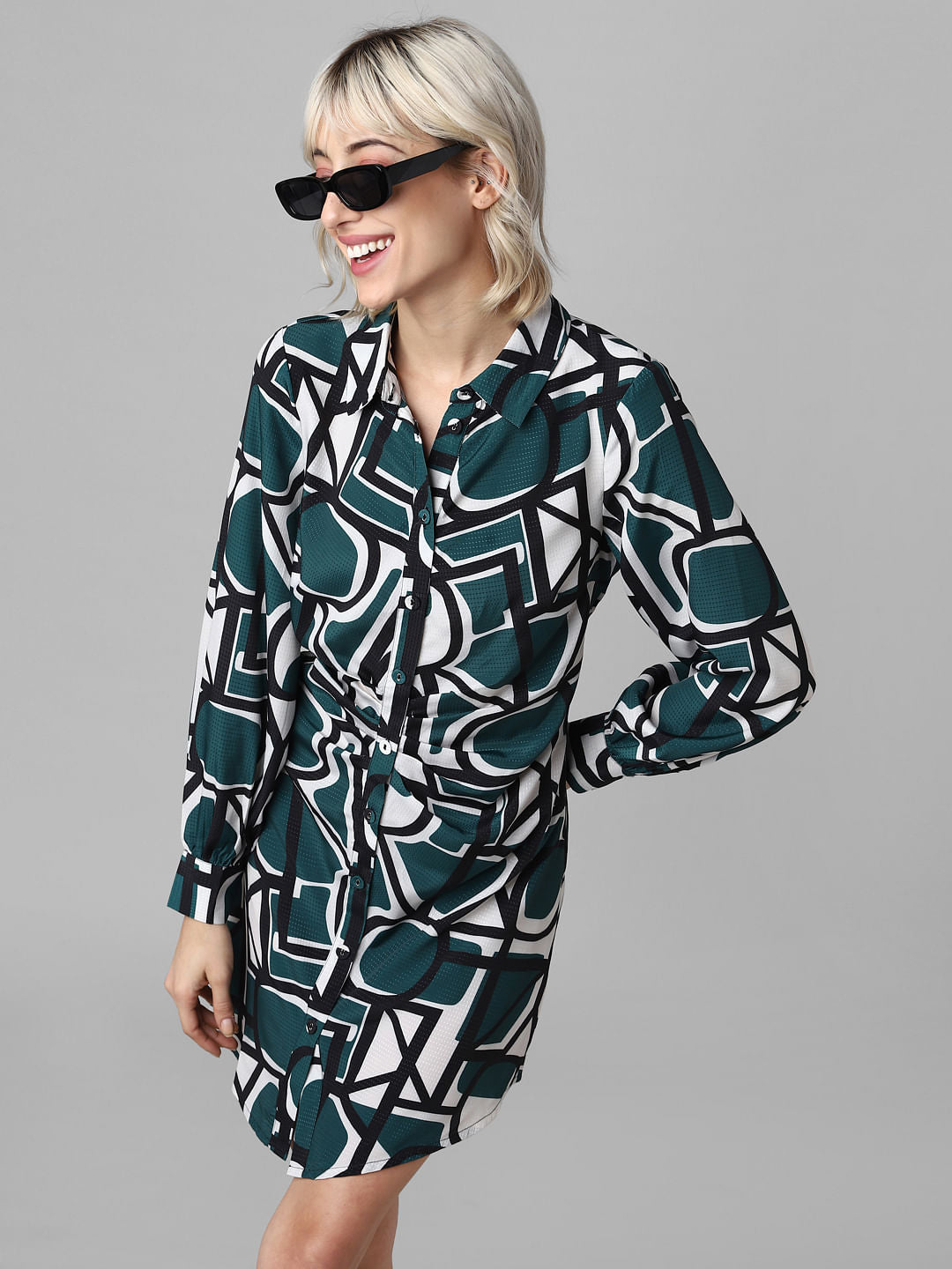 Green Abstract Print Shirt Dress