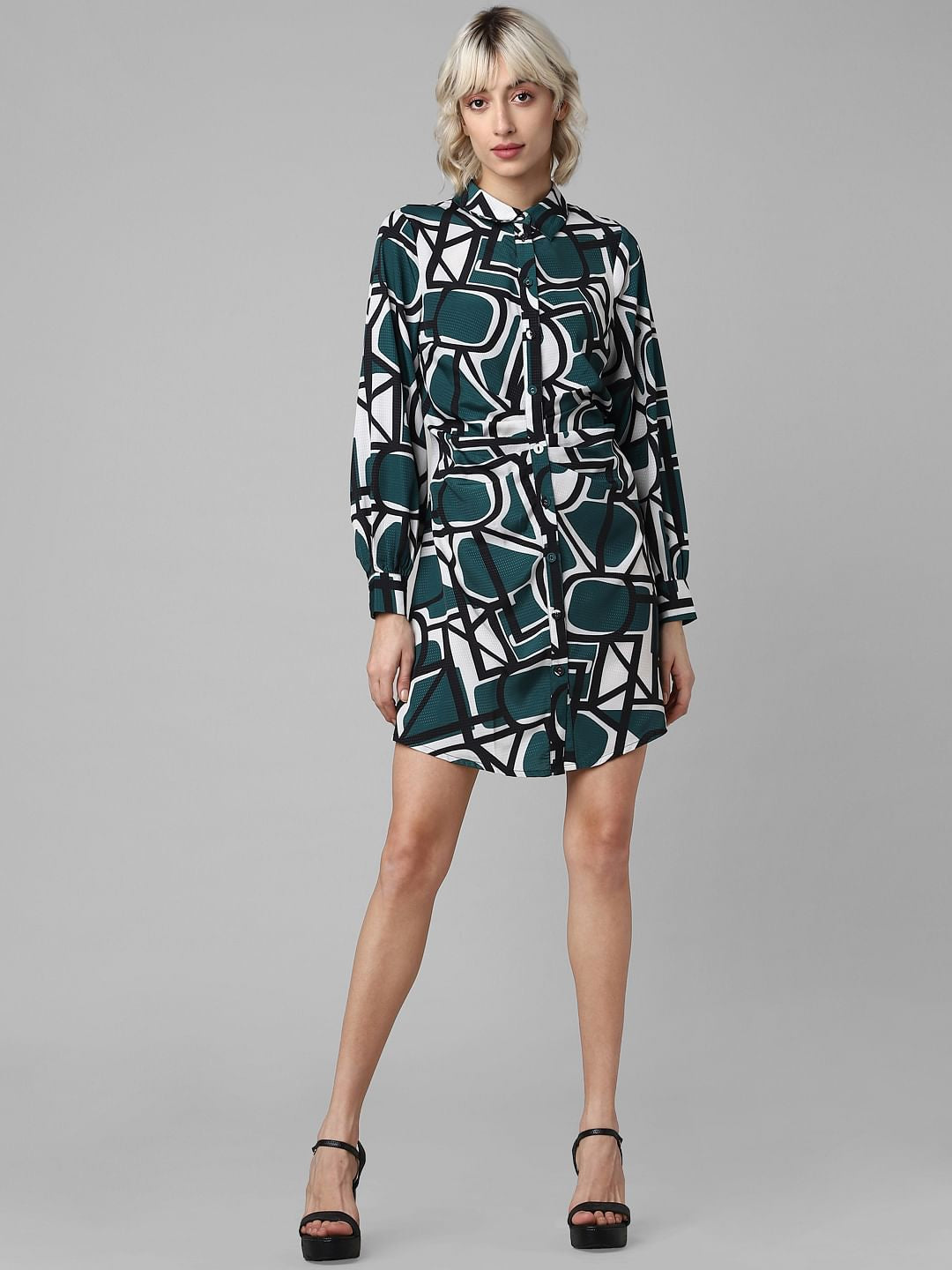 Green Abstract Print Shirt Dress