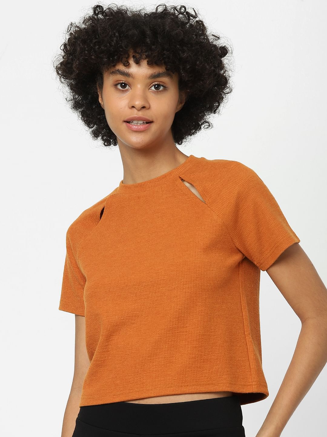 Brown Cut-Out Knit Cropped T-Shirt