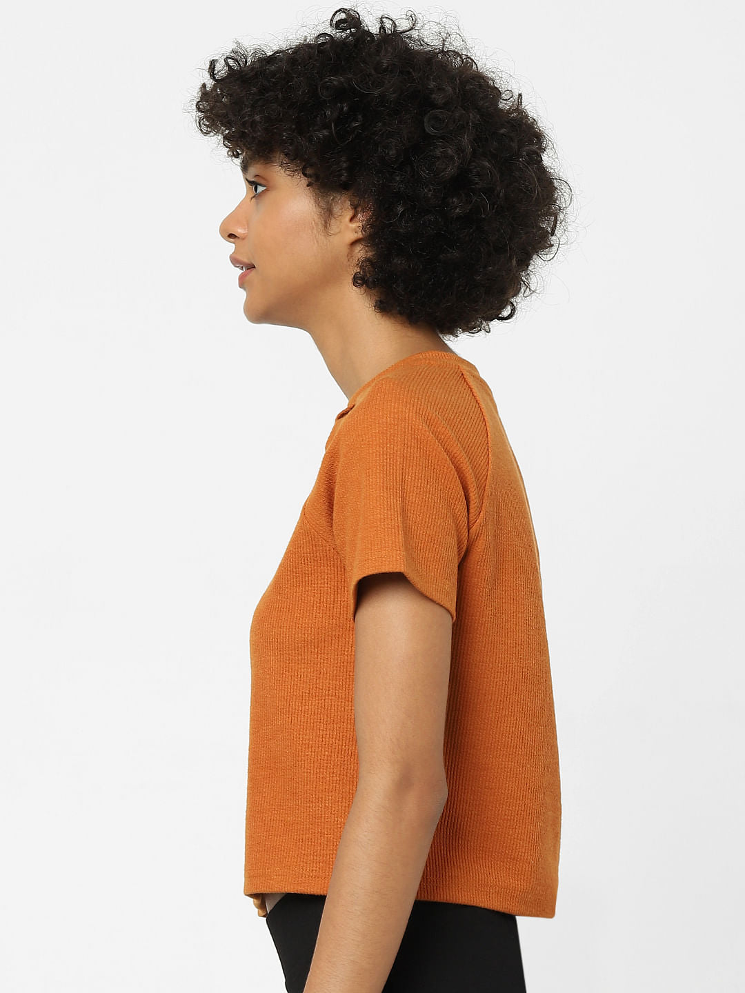 Brown Cut-Out Knit Cropped T-Shirt