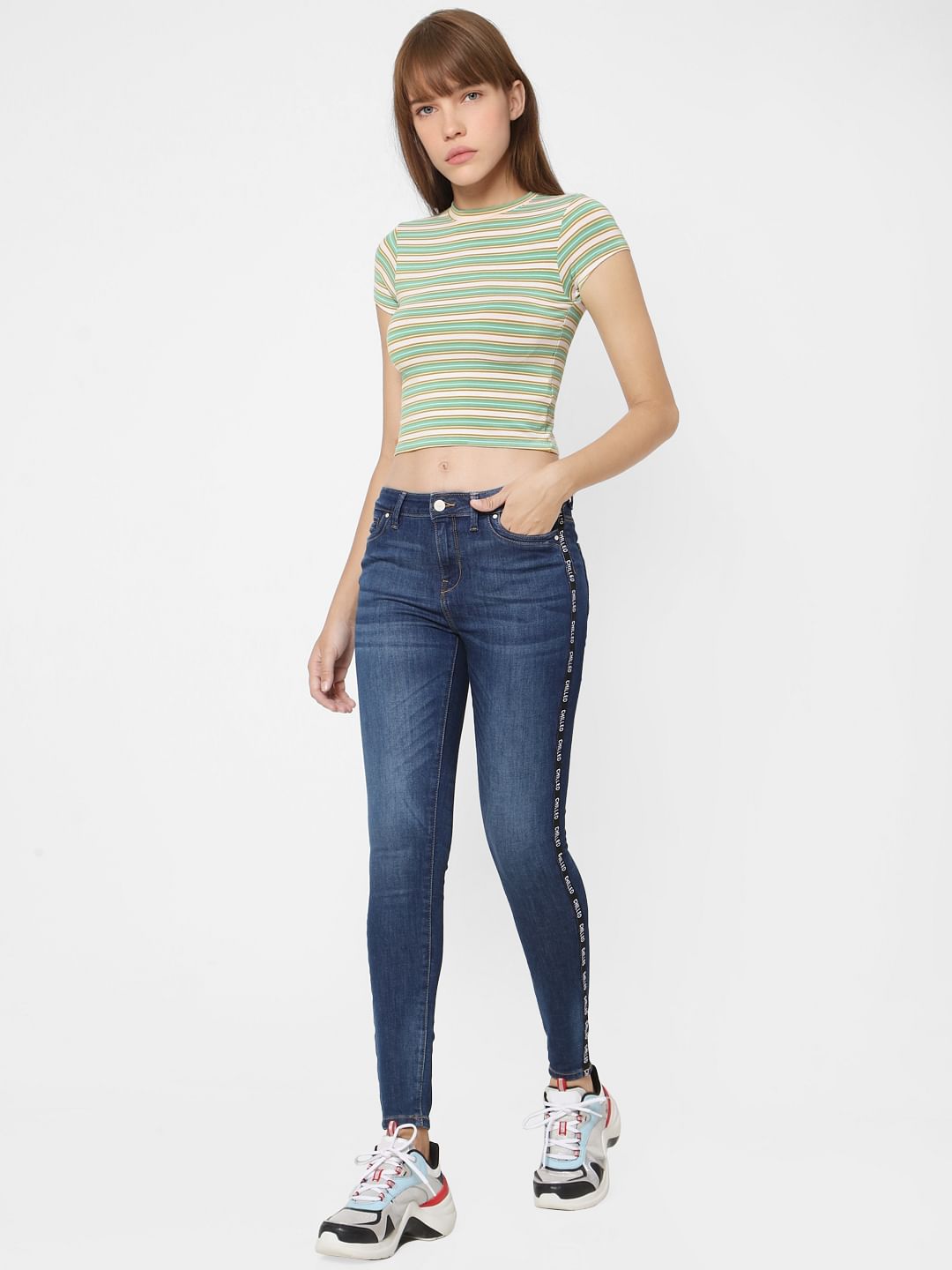 Blue Mid Rise Tape Detail Skinny Jeans