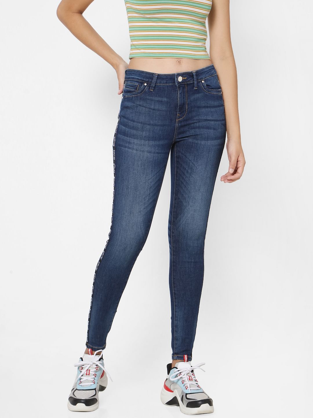 Blue Mid Rise Tape Detail Skinny Jeans