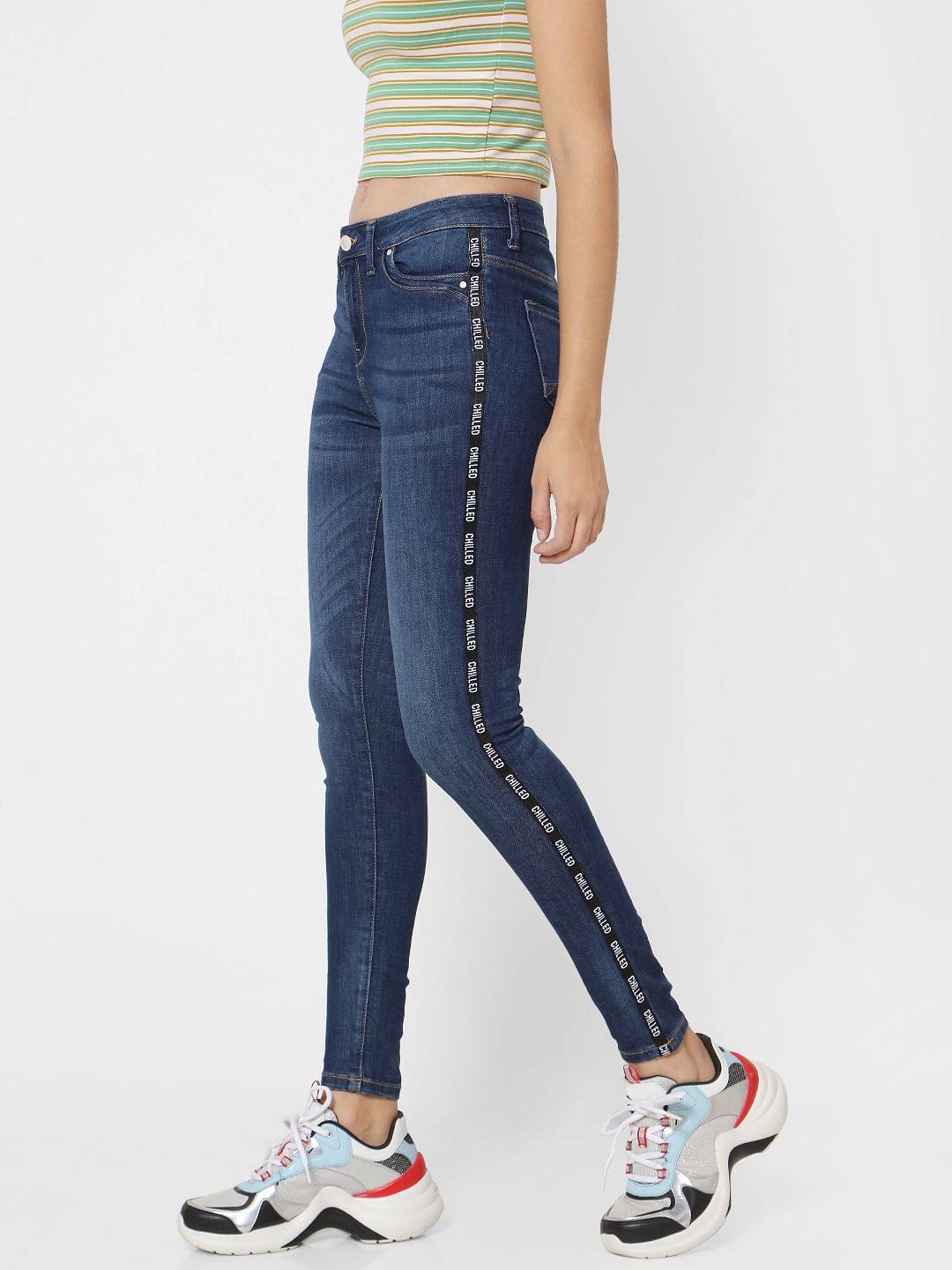 Blue Mid Rise Tape Detail Skinny Jeans