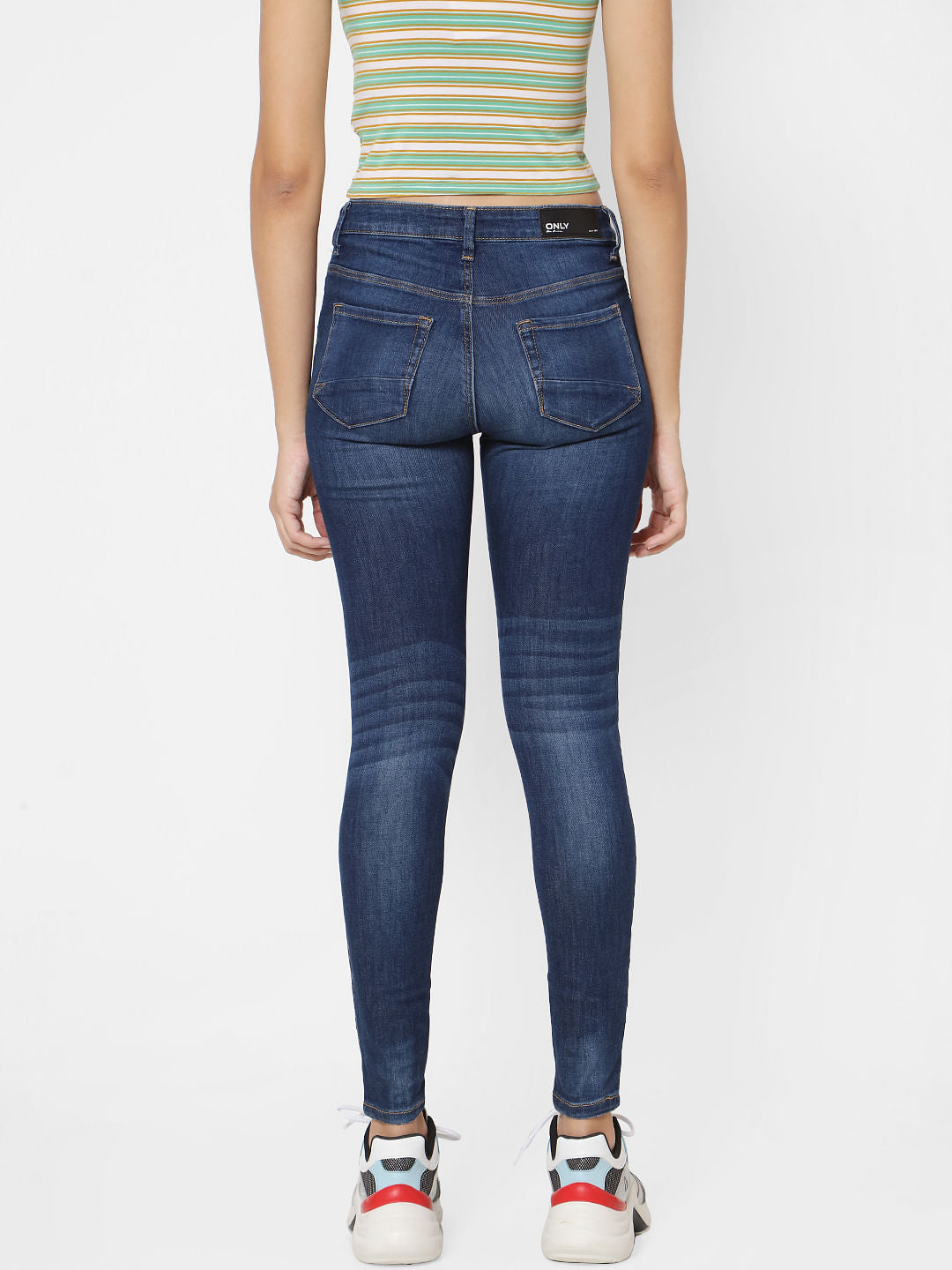 Blue Mid Rise Tape Detail Skinny Jeans