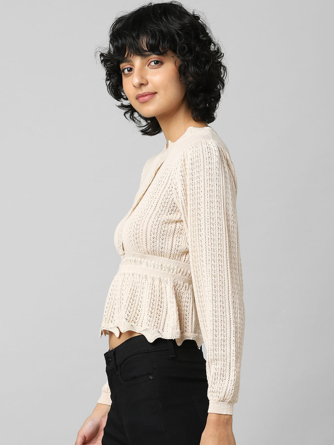Beige Lace Cable Knit Pullover