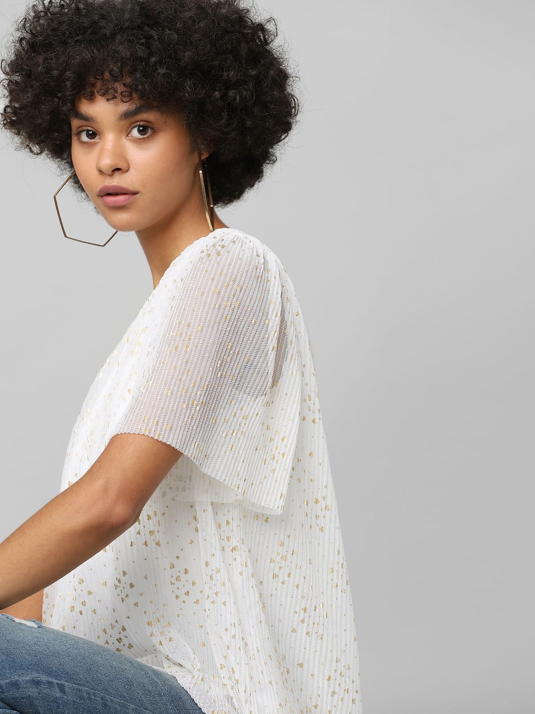 White Pleated Foil Print Top