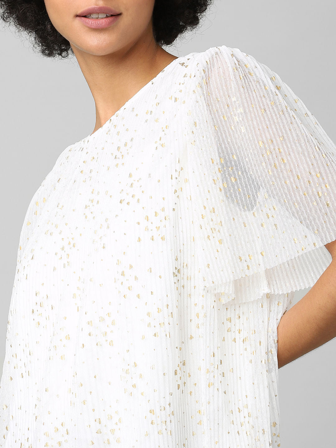 White Pleated Foil Print Top