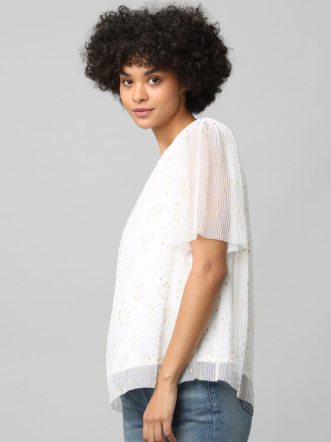 White Pleated Foil Print Top