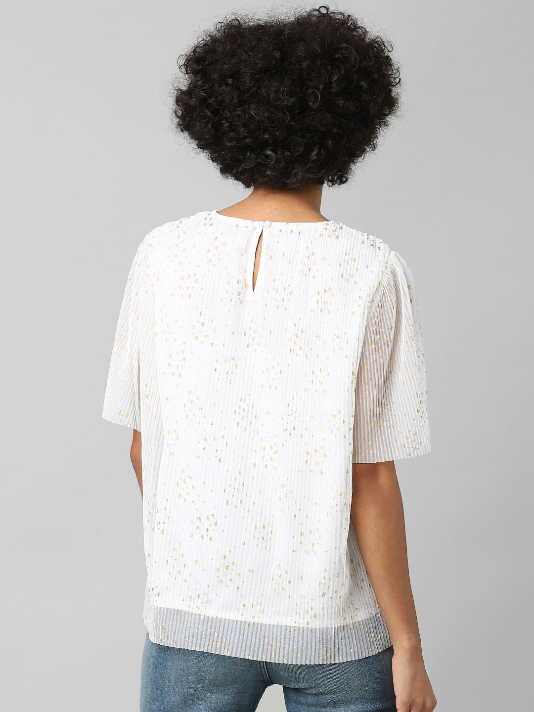 White Pleated Foil Print Top