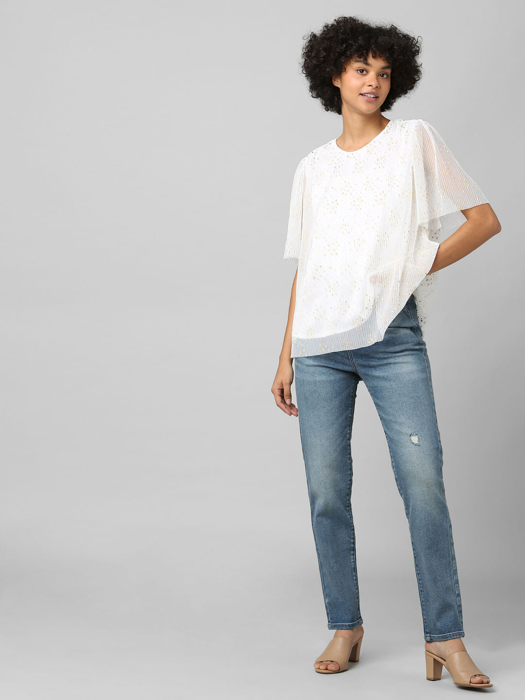 White Pleated Foil Print Top