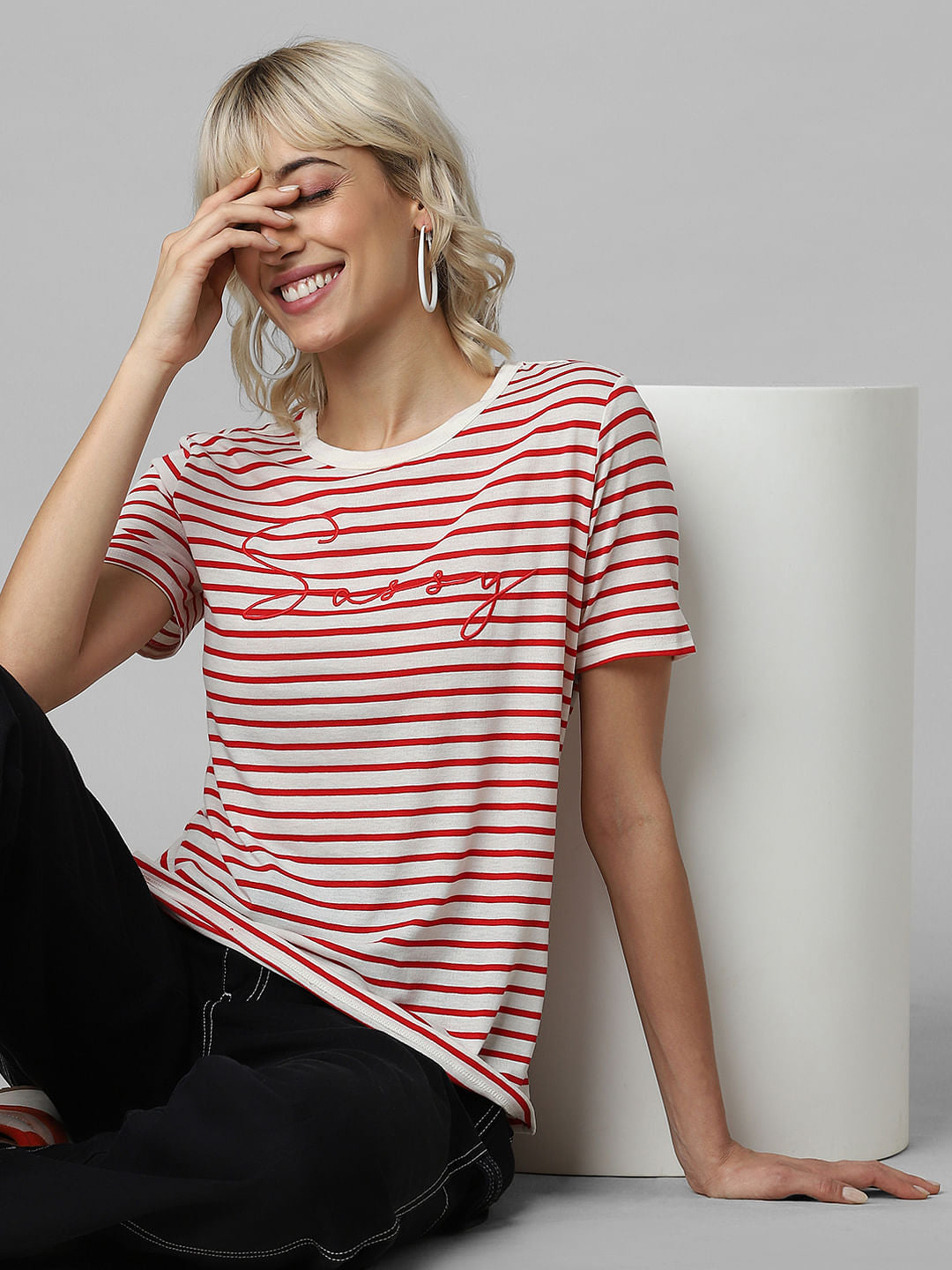Red Striped Embroidery Text Print T-Shirt
