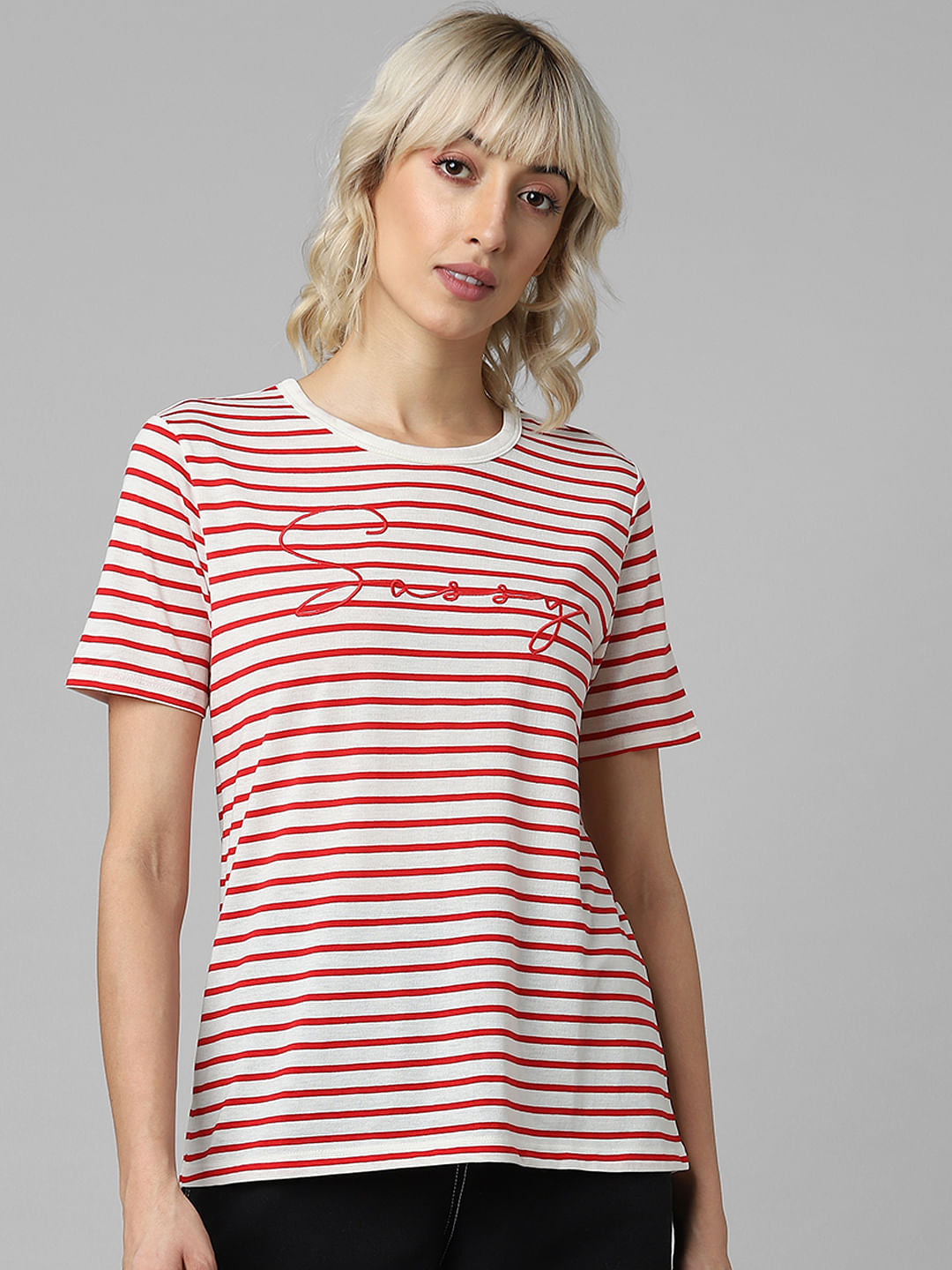 Red Striped Embroidery Text Print T-Shirt
