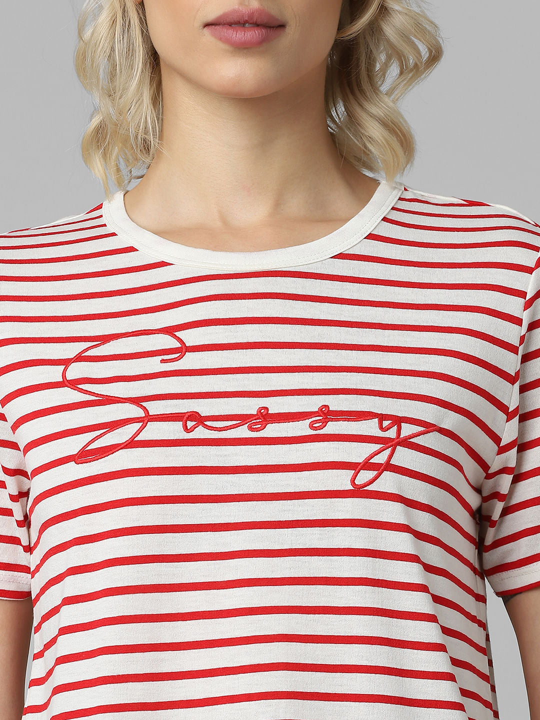 Red Striped Embroidery Text Print T-Shirt