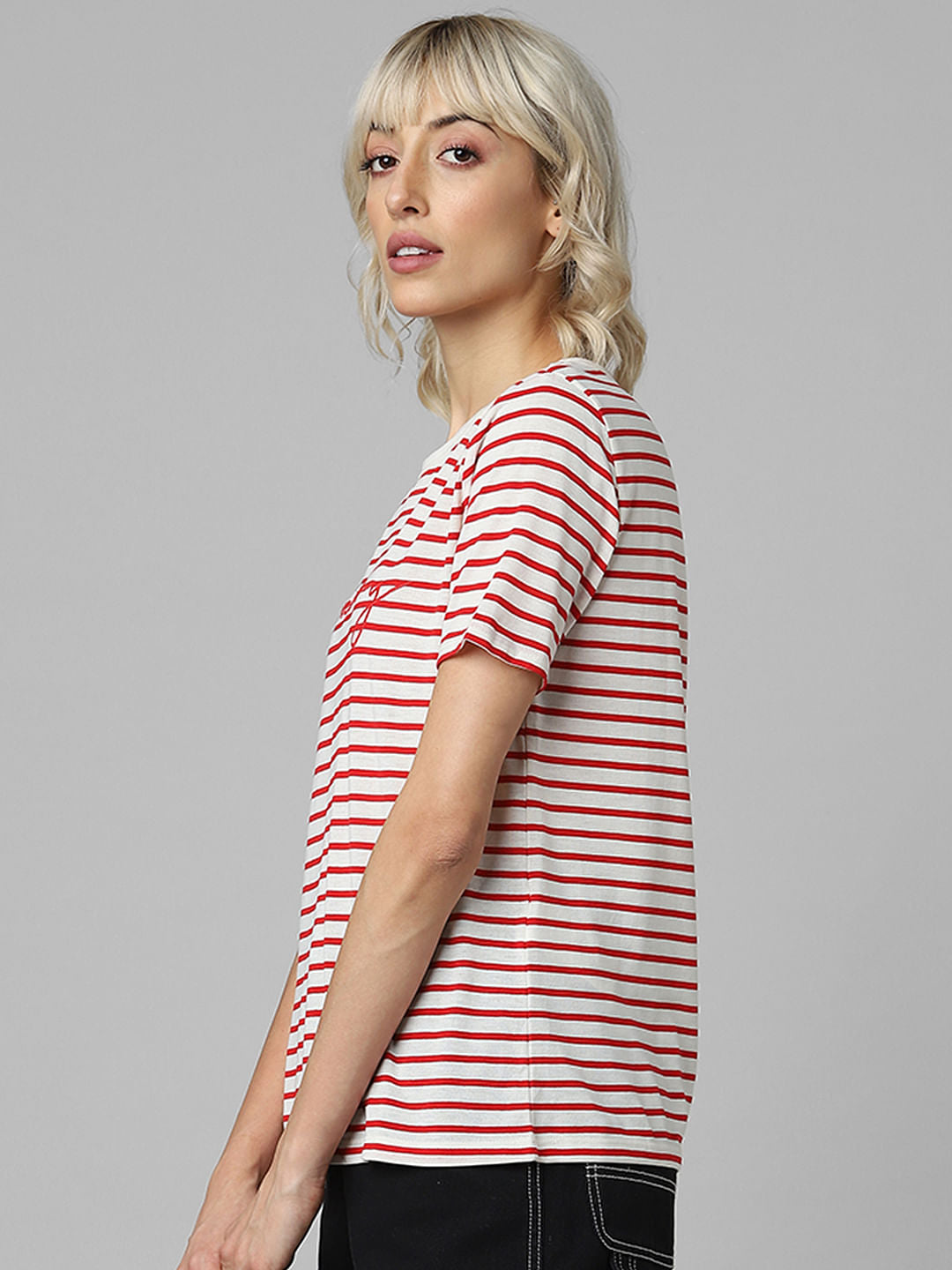 Red Striped Embroidery Text Print T-Shirt