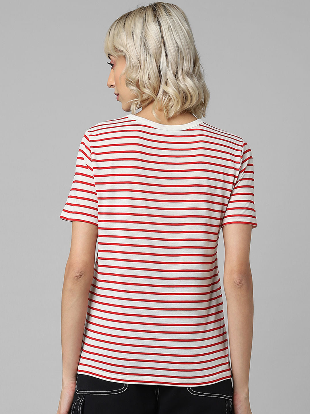Red Striped Embroidery Text Print T-Shirt