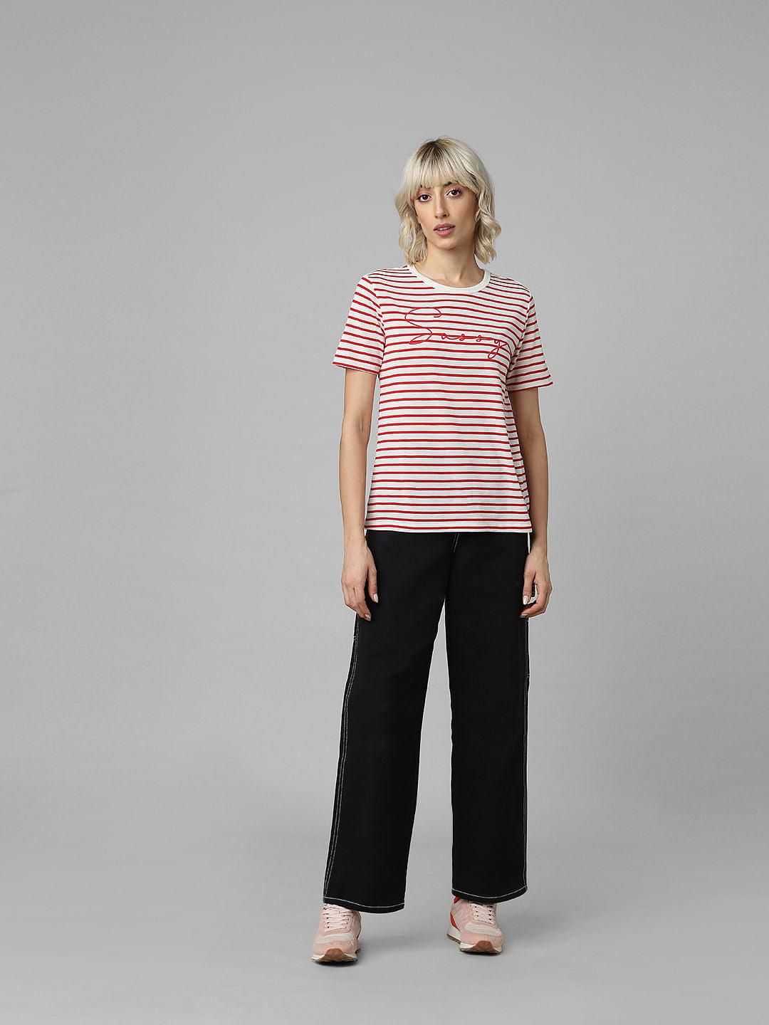 Red Striped Embroidery Text Print T-Shirt