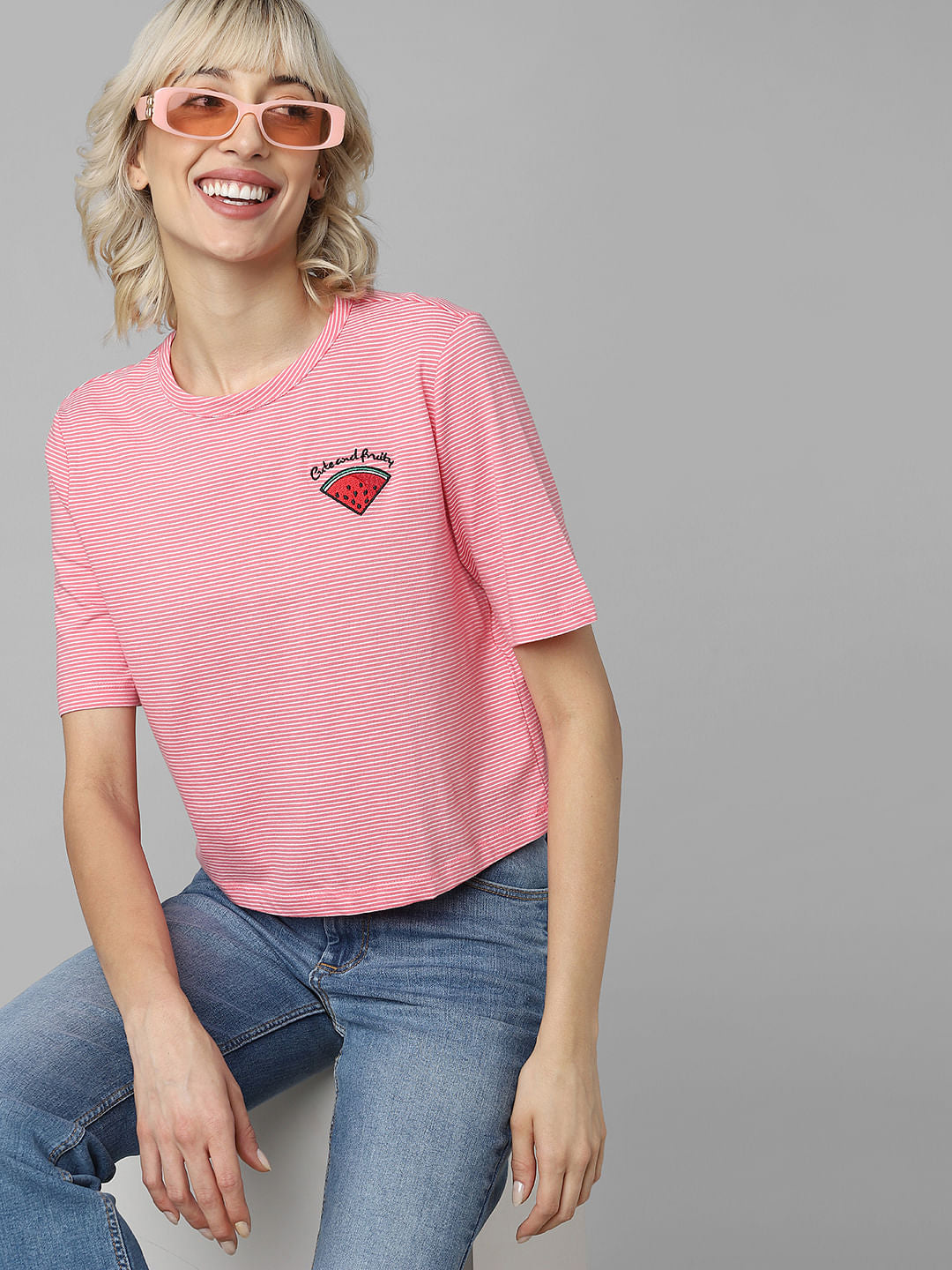 Pink Striped Embroidered T-Shirt