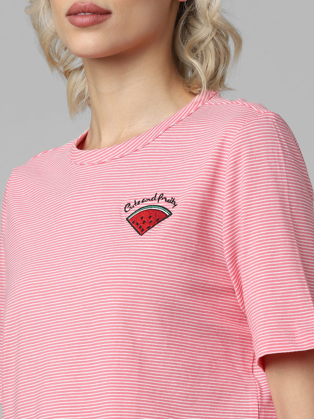 Pink Striped Embroidered T-Shirt
