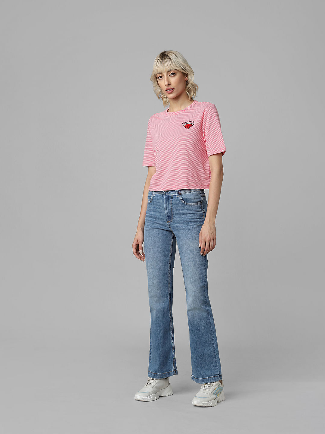 Pink Striped Embroidered T-Shirt