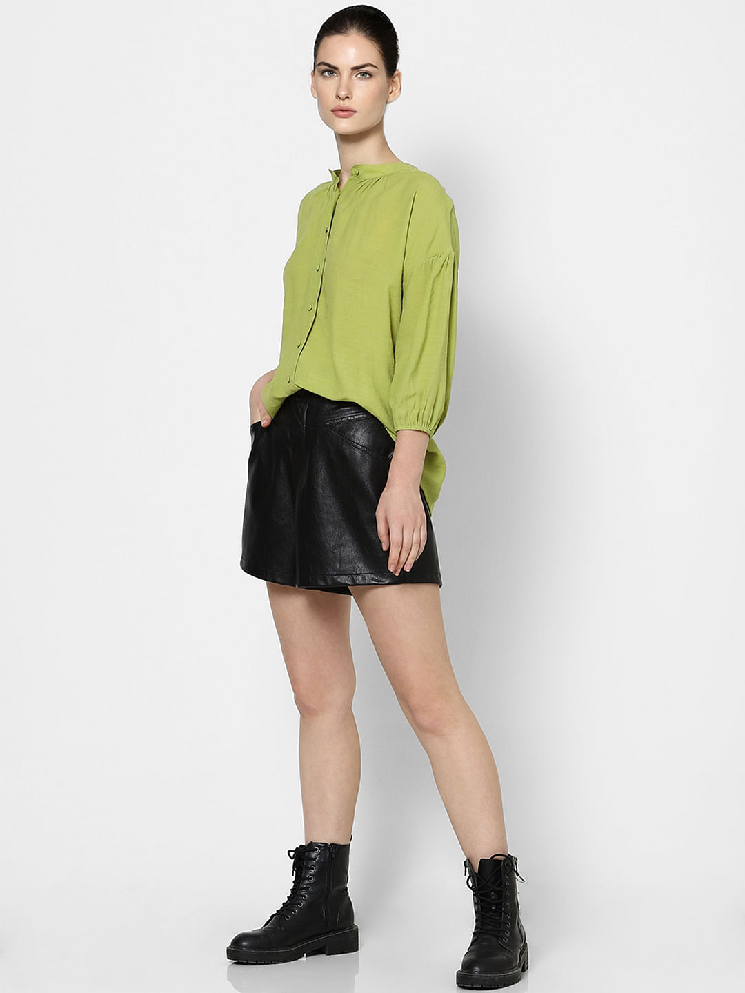 Green Drop Shoulder Puff Sleeves Shirt