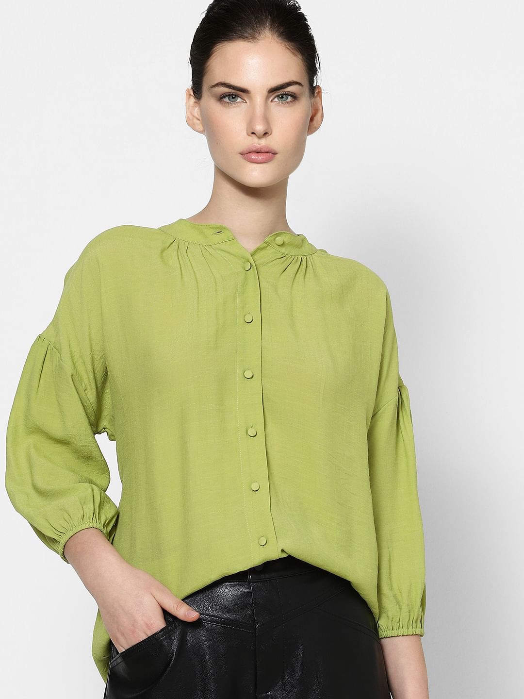 Green Drop Shoulder Puff Sleeves Shirt