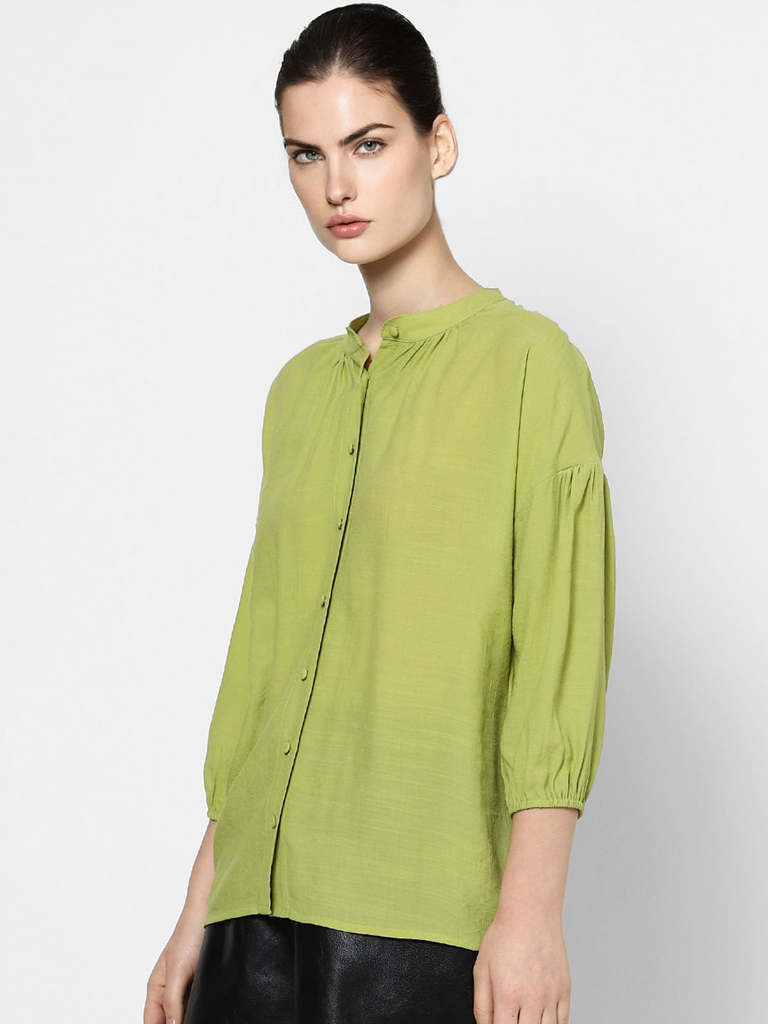 Green Drop Shoulder Puff Sleeves Shirt