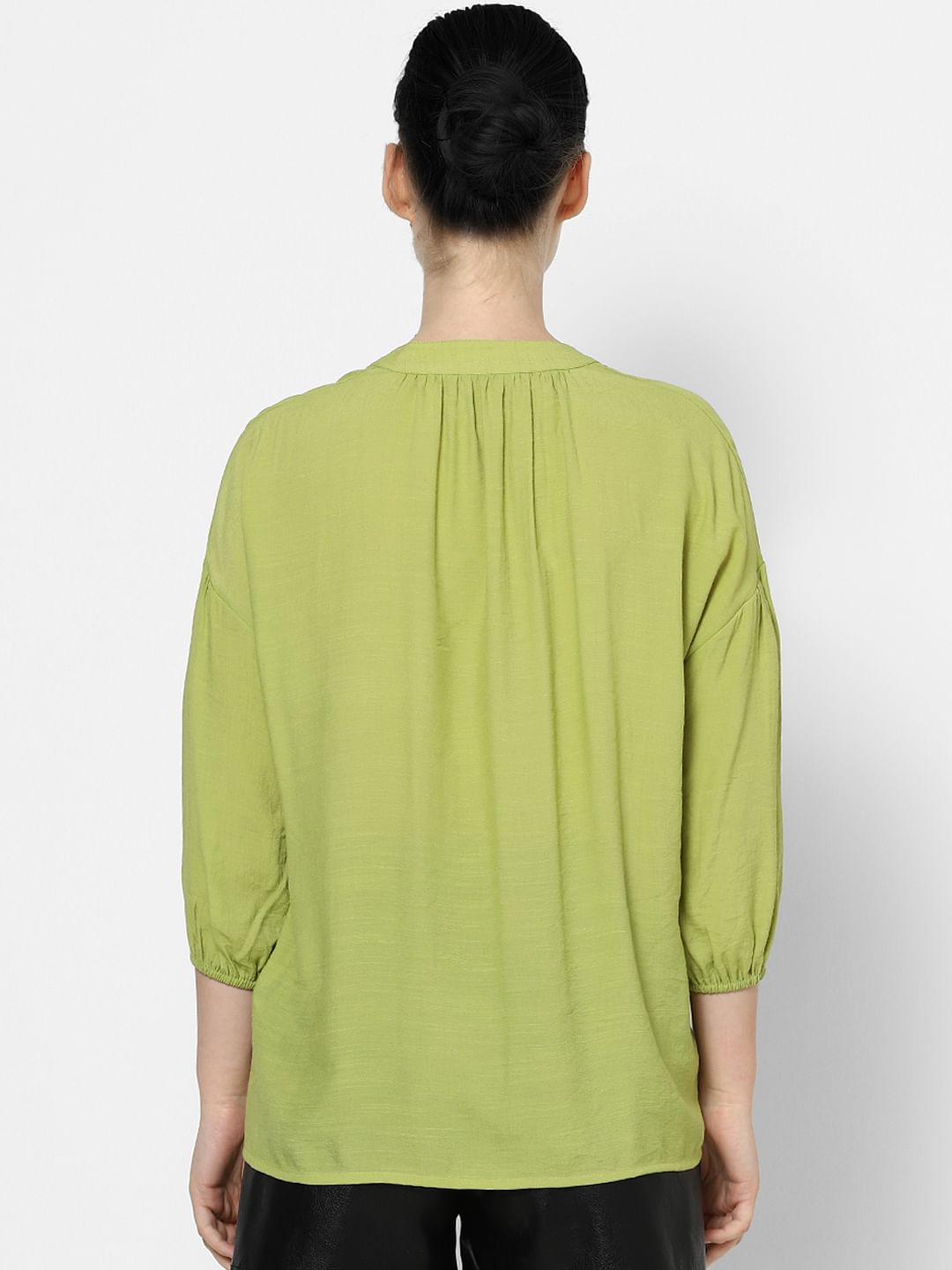 Green Drop Shoulder Puff Sleeves Shirt