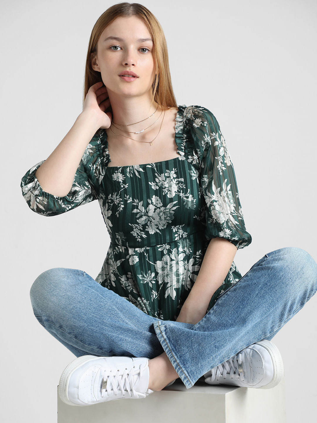 Green Floral Peplum Top
