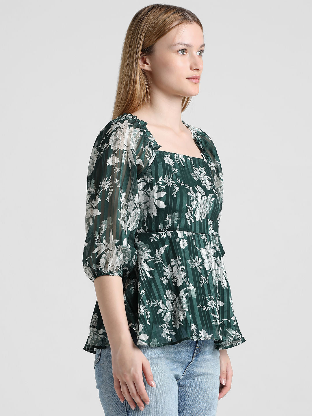 Green Floral Peplum Top