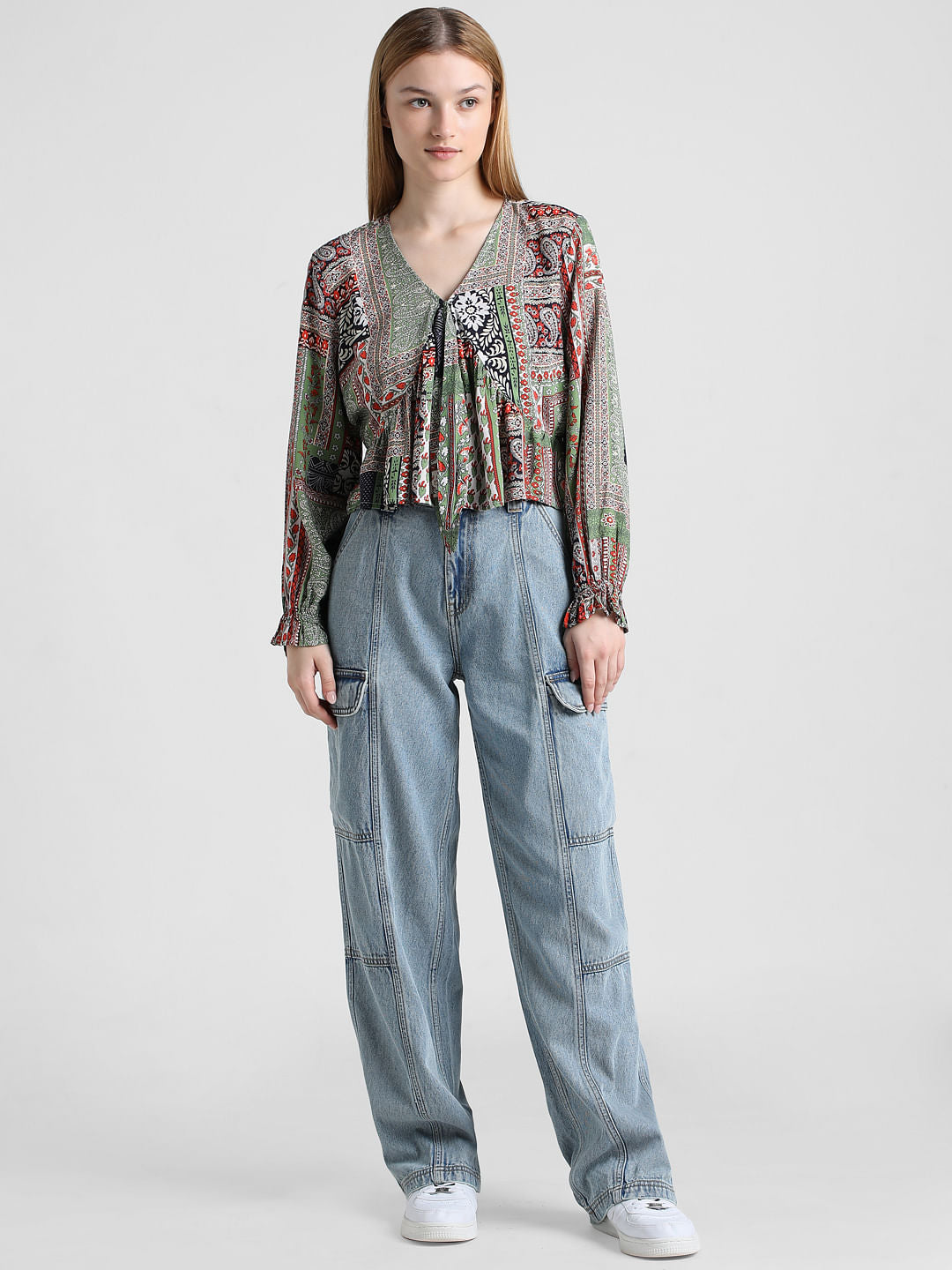 Green Printed V-Neck Top