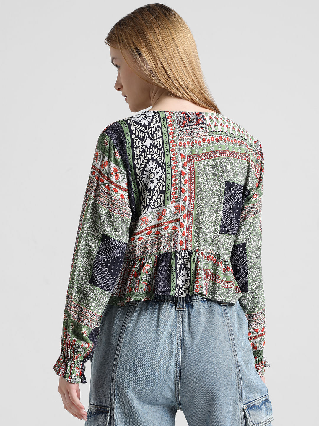 Green Printed V-Neck Top