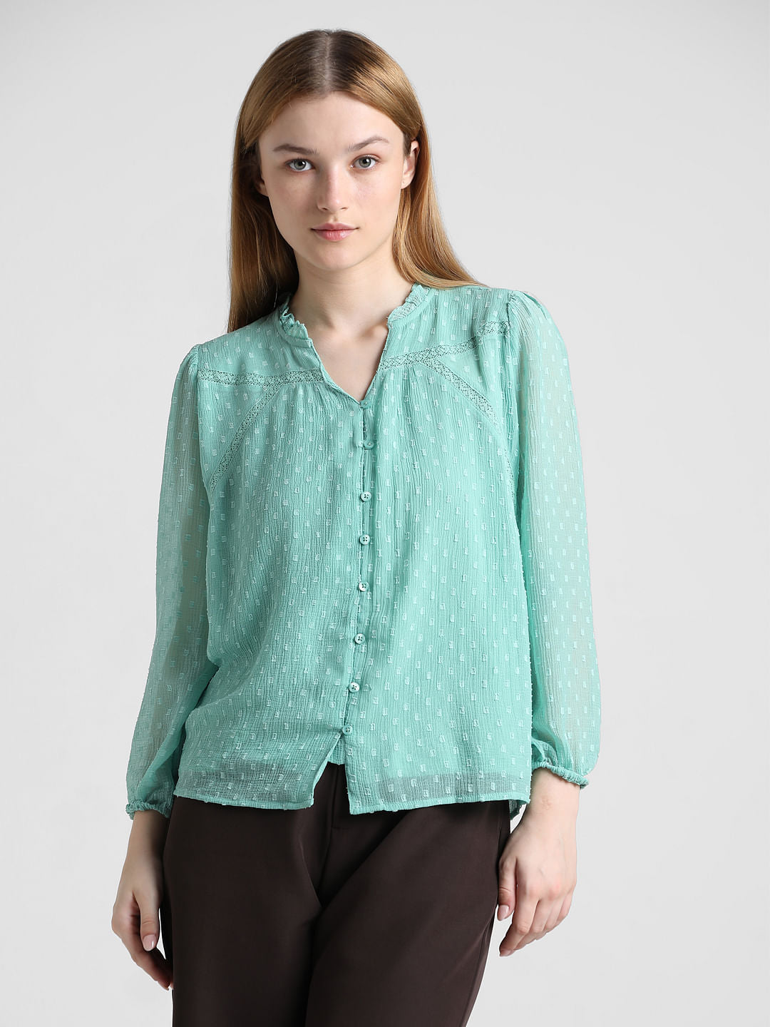 Green Lace Insert V-Neck Top