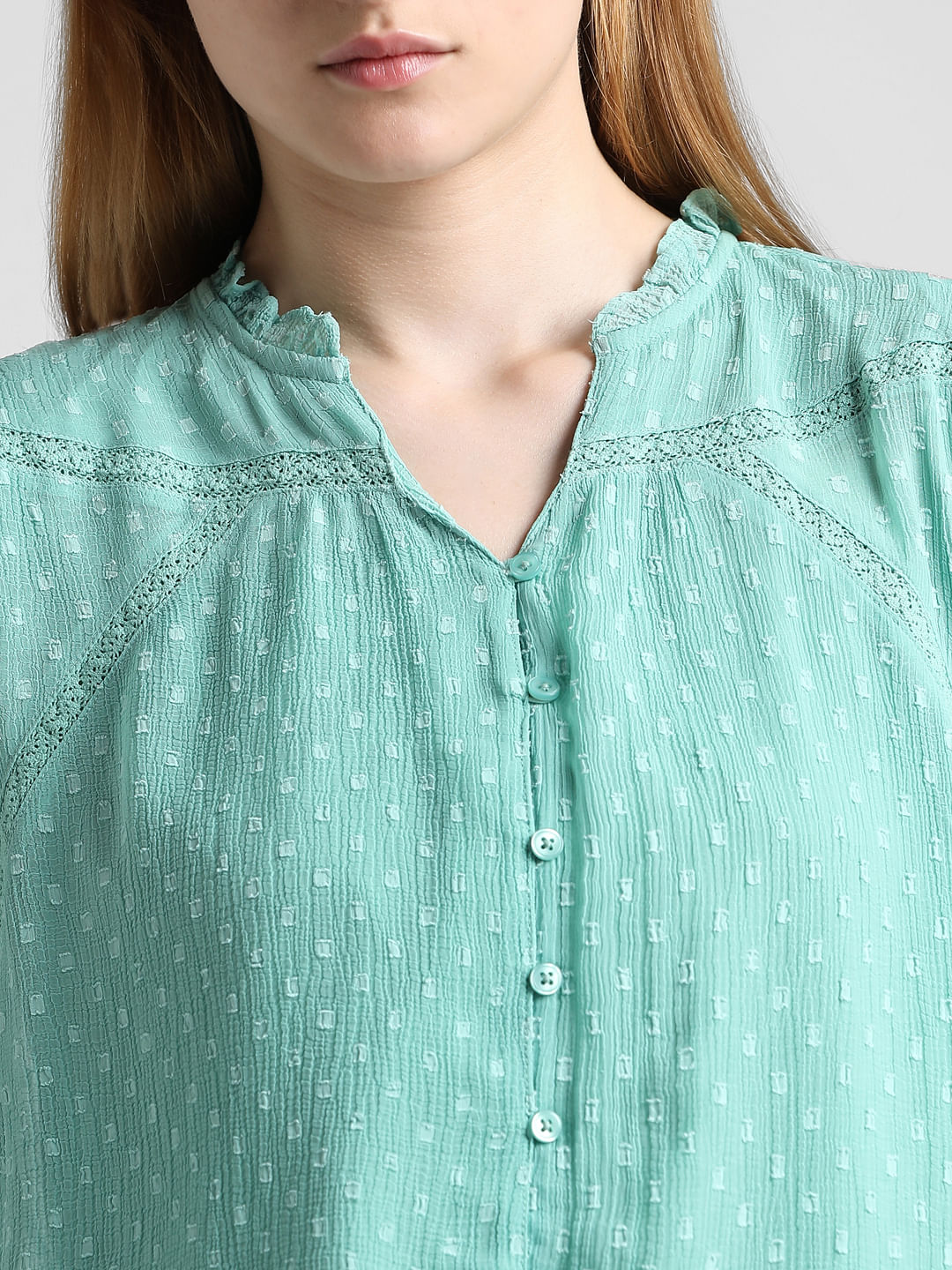 Green Lace Insert V-Neck Top