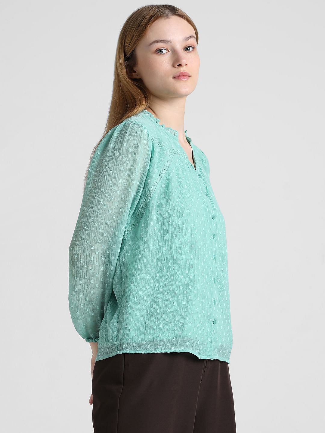 Green Lace Insert V-Neck Top