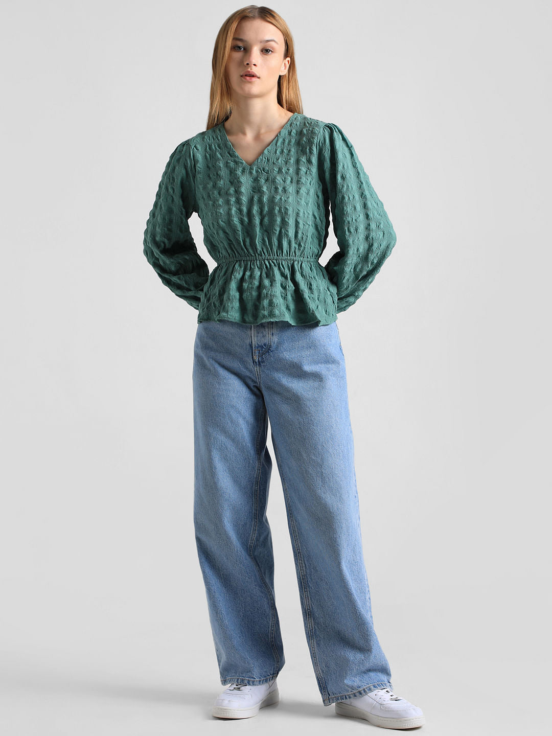 Green Textured Peplum Top