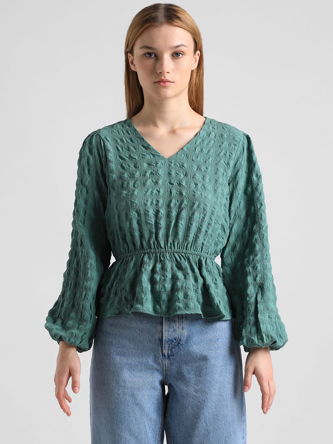 Green Textured Peplum Top