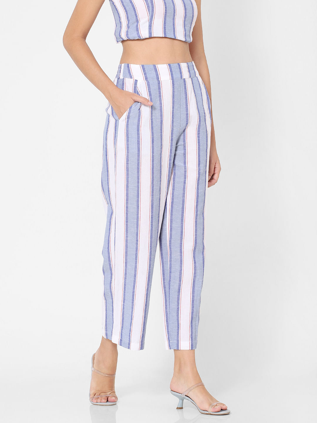 Blue Mid Rise Striped Palazzo Pants