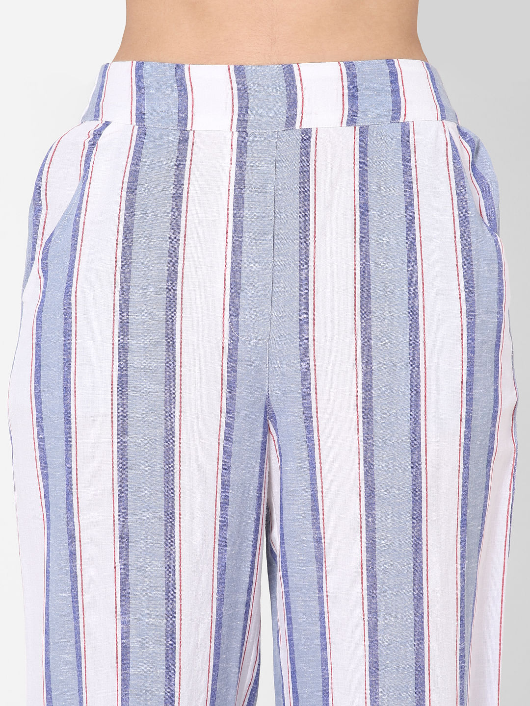 Blue Mid Rise Striped Palazzo Pants