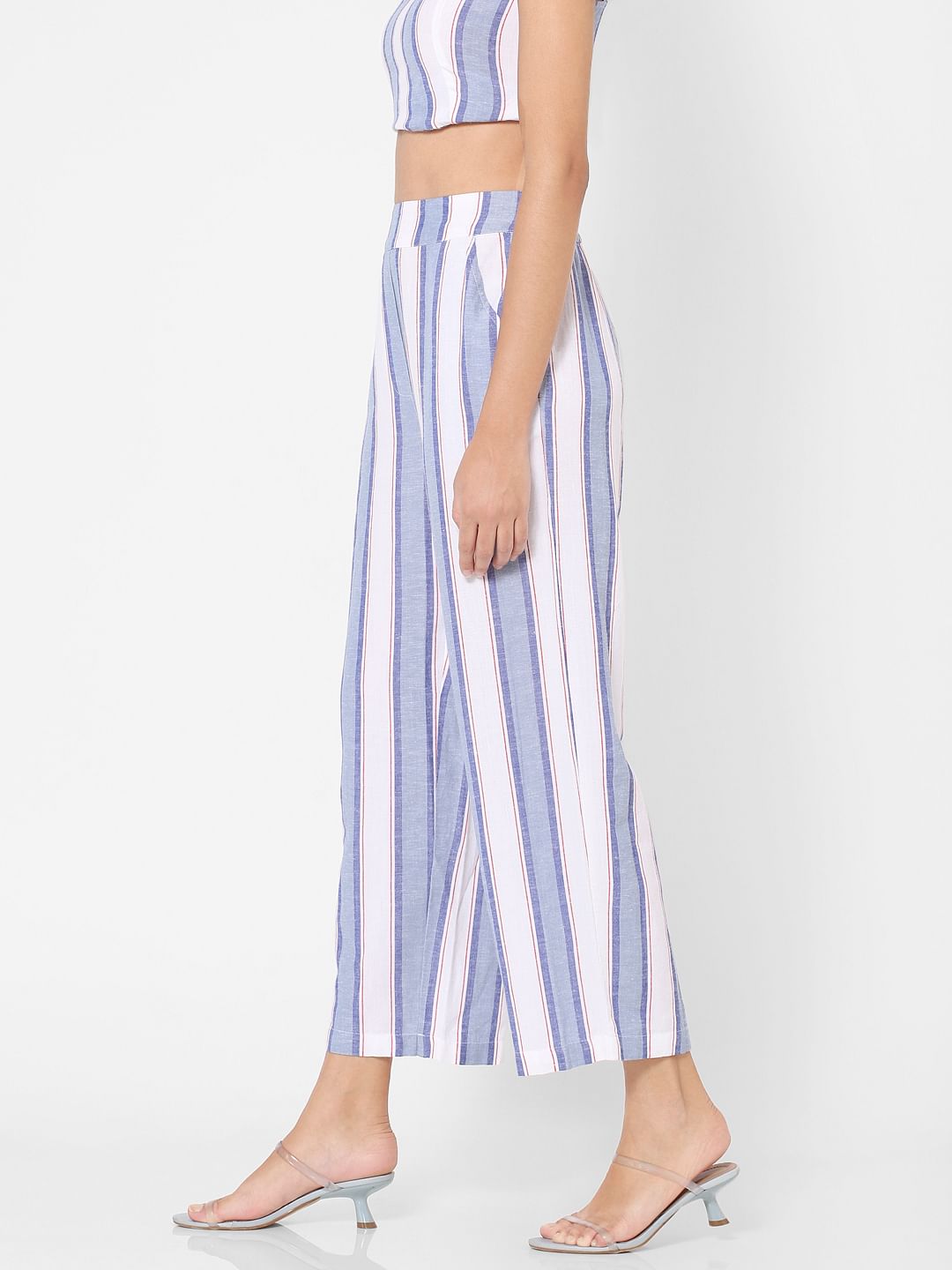 Blue Mid Rise Striped Palazzo Pants