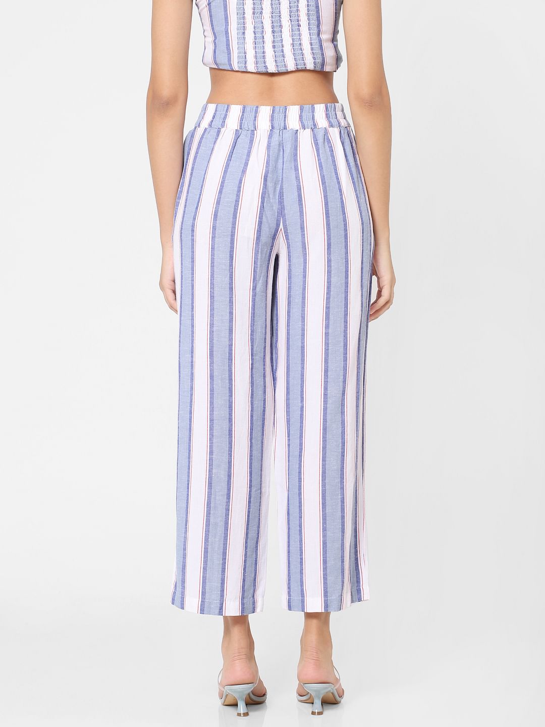 Blue Mid Rise Striped Palazzo Pants