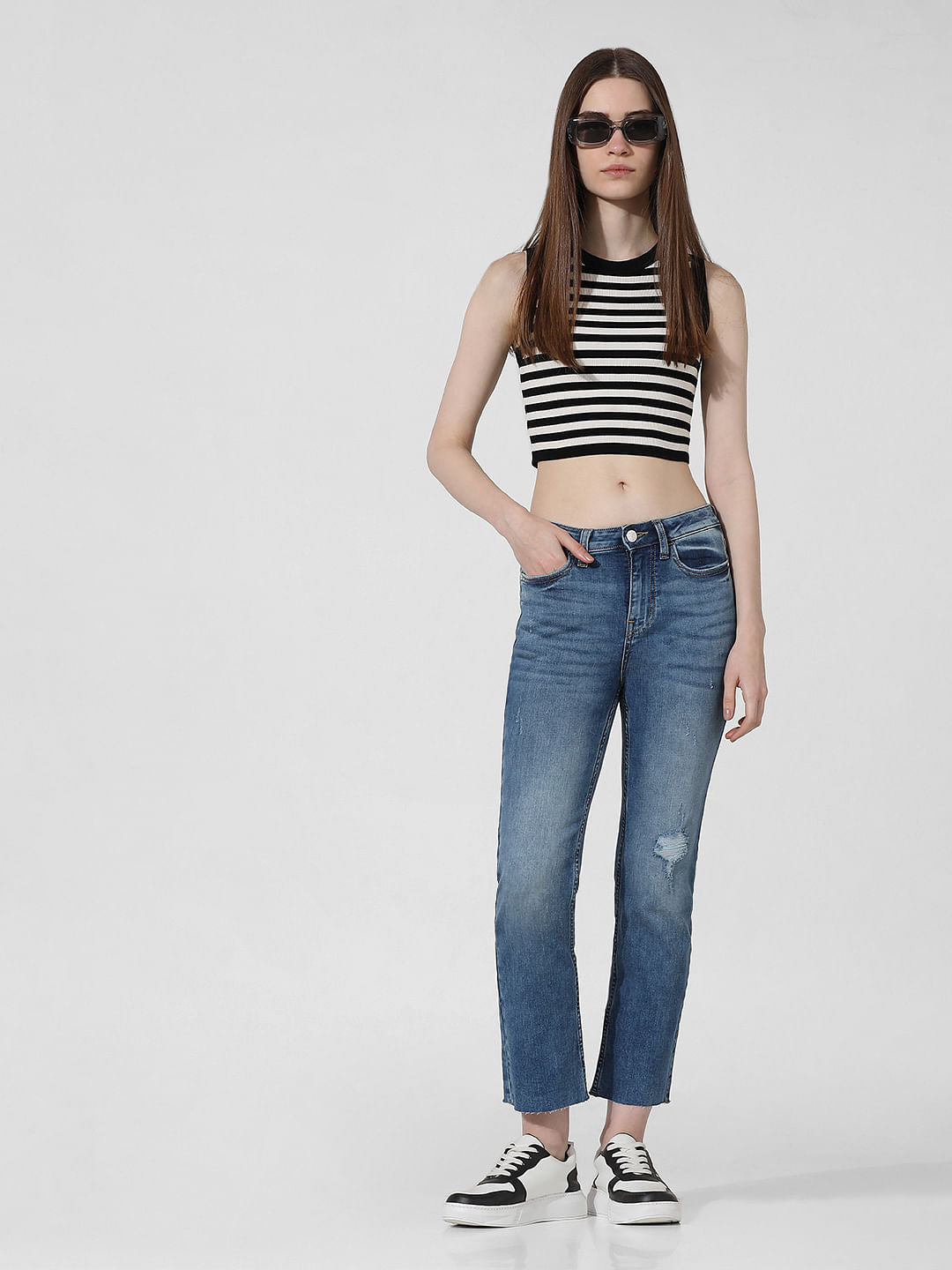 Blue Mid Rise Cropped Flared Jeans