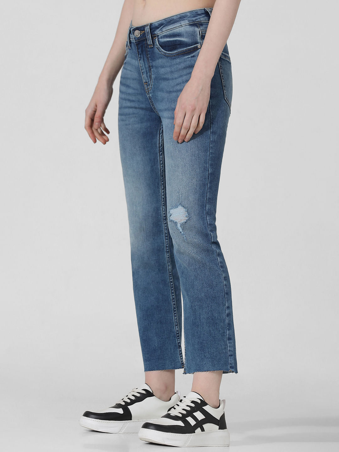Blue Mid Rise Cropped Flared Jeans
