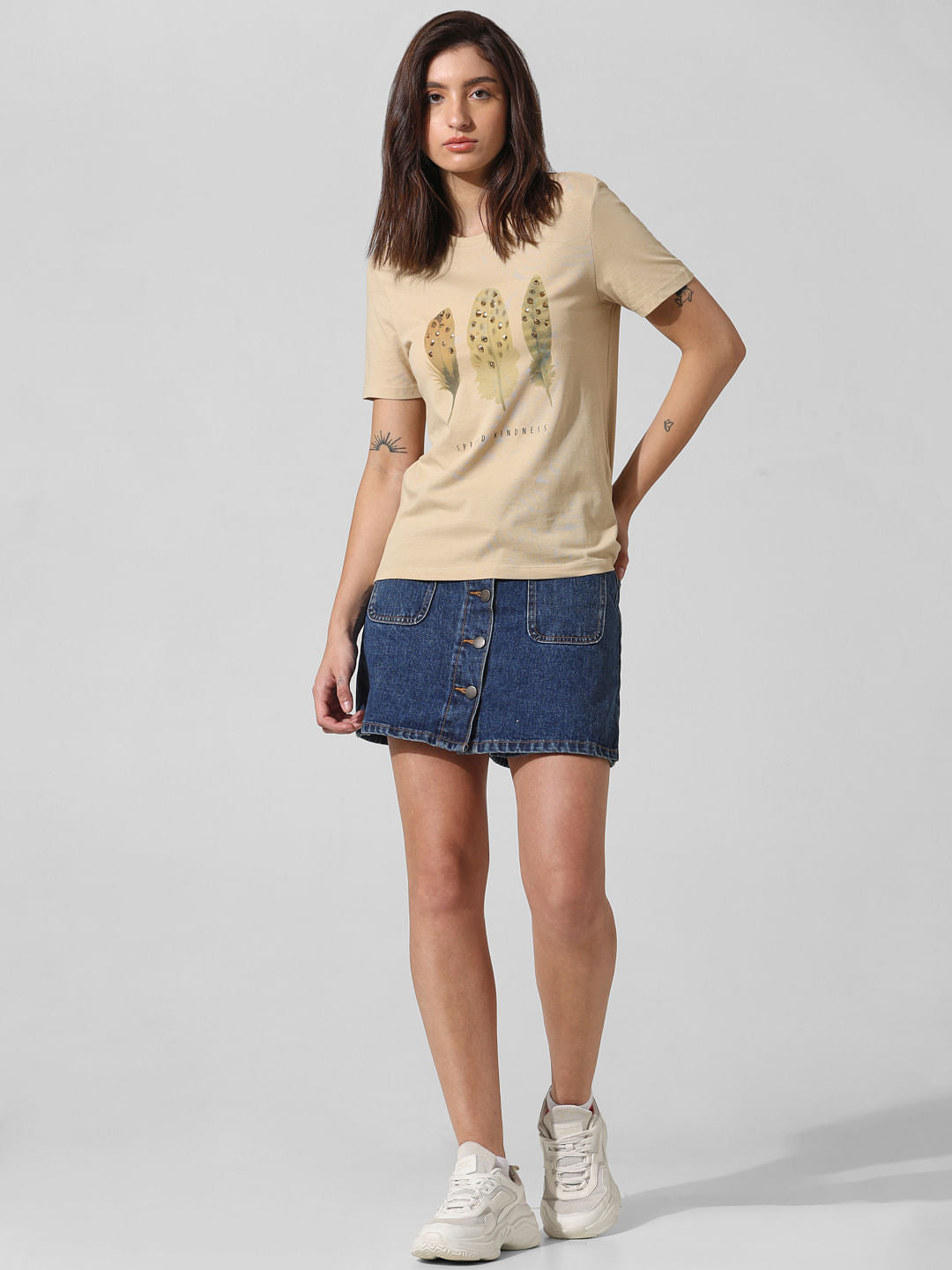 Beige Sequin Printed T-Shirt