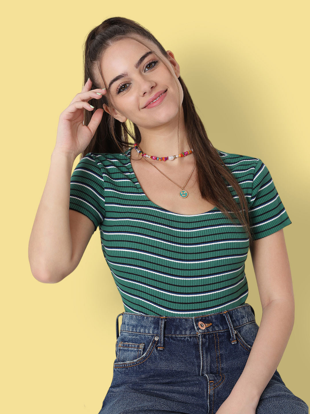 Green Striped Cropped Top