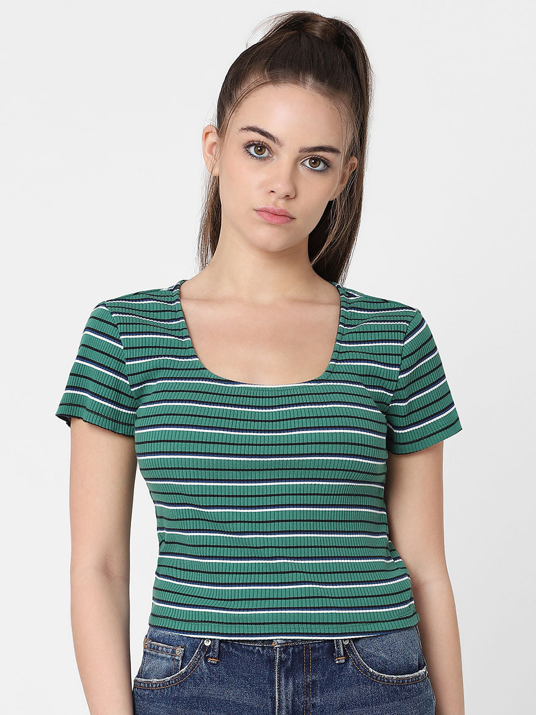 Green Striped Cropped Top