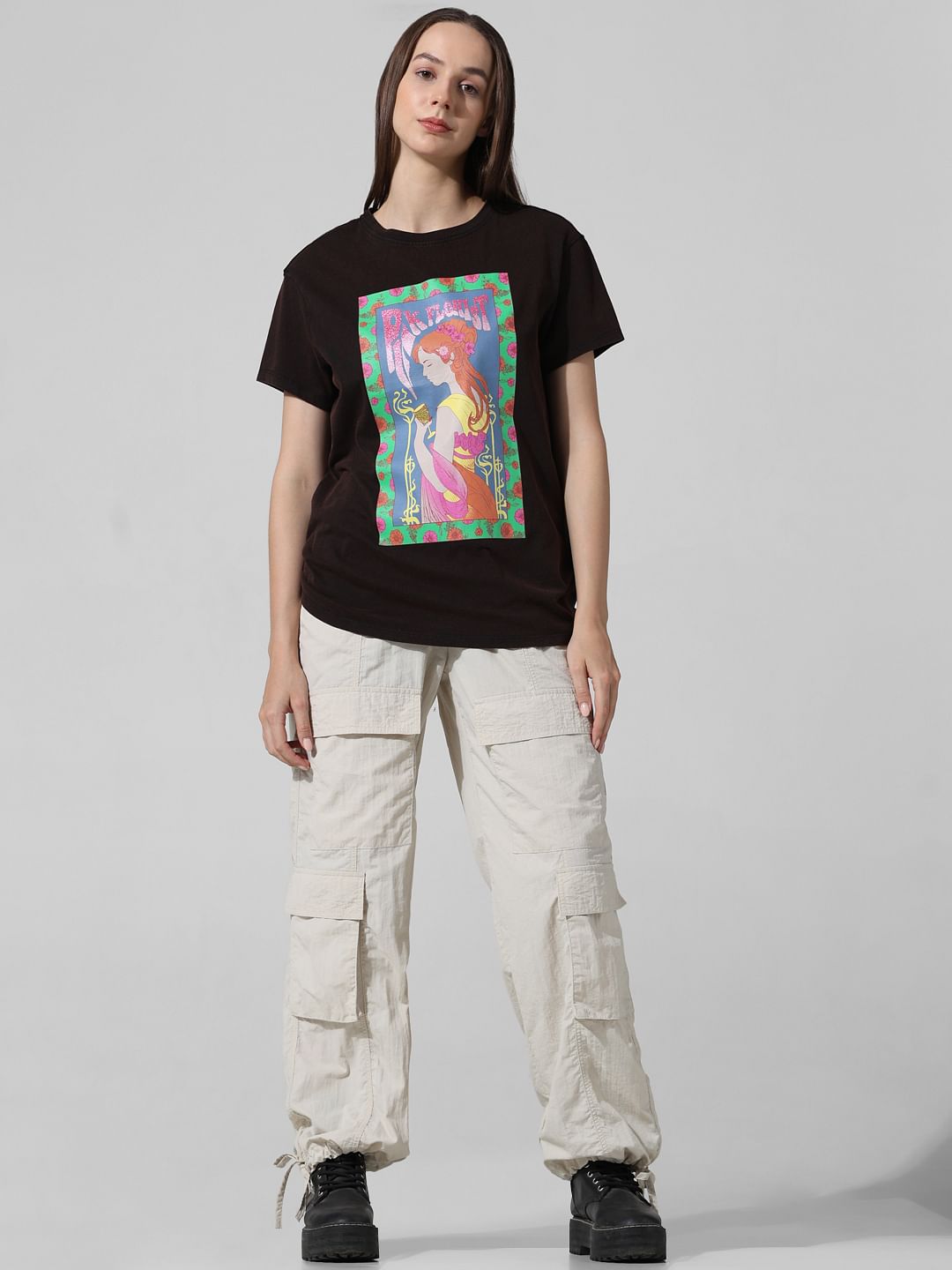 Black Printed Washed T-Shirt