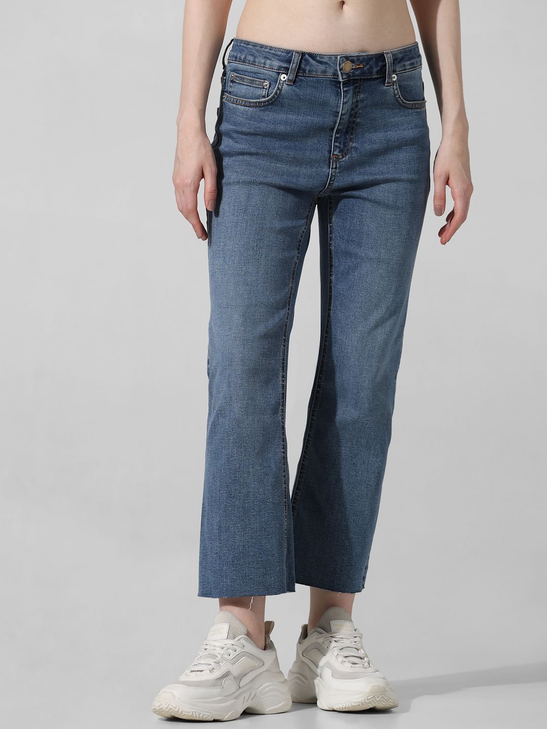 Blue Mid Rise Cropped Flared Jeans