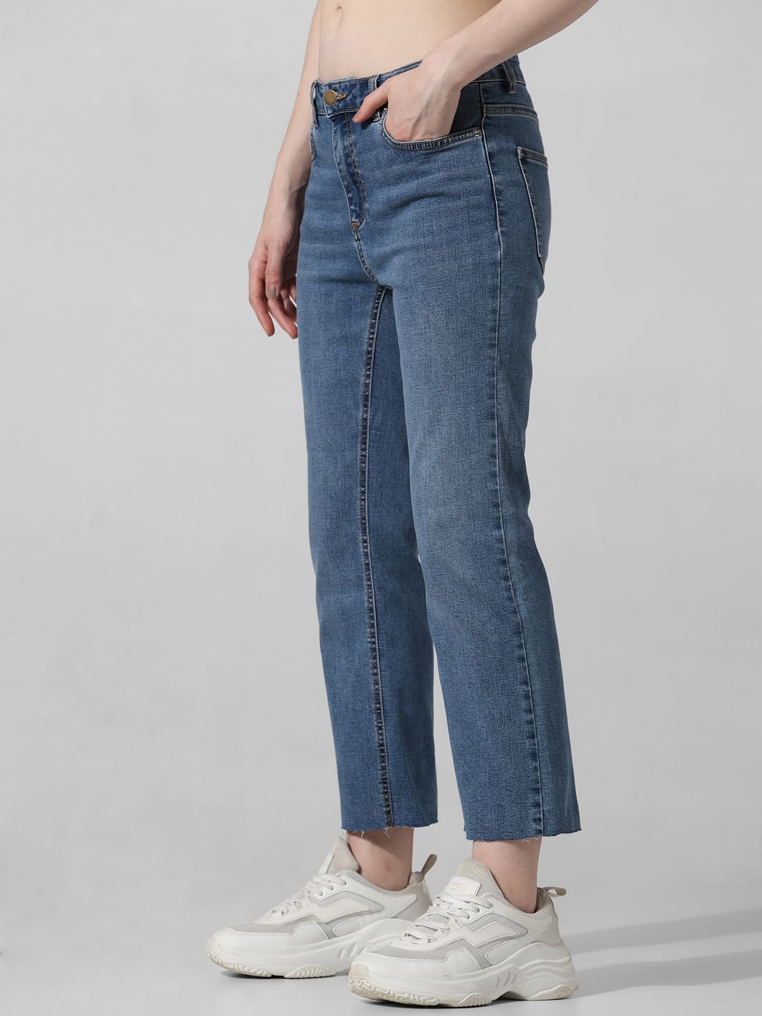 Blue Mid Rise Cropped Flared Jeans